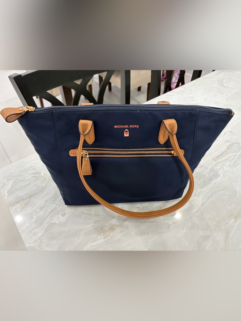 NWT Michael Kors Navy Nylon Tote with Tan Trim. / Color Admiral